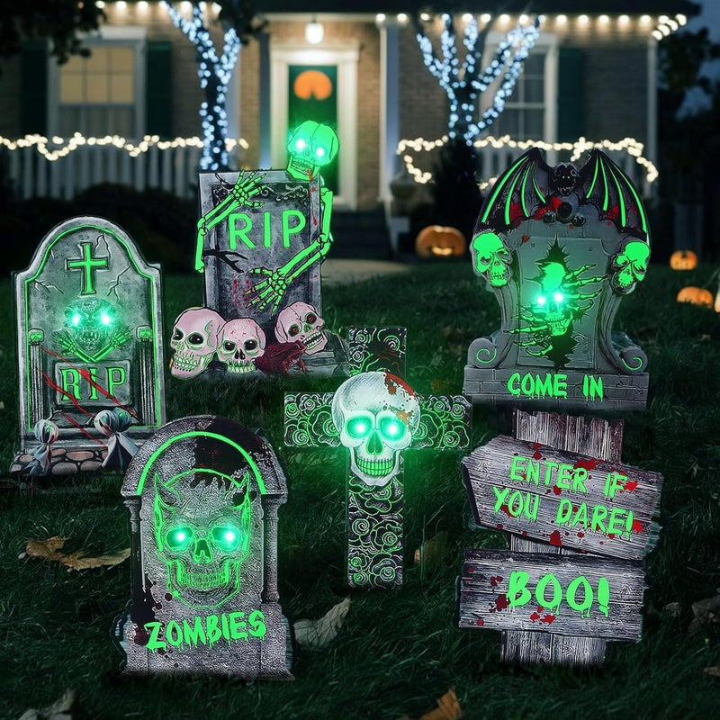 Chaohua Halloween Decorations 6 Pack Outdoor Glowing Tombstones, Halloween Tombstone Decoration with 10 LED Light Beads, Horror Yard Sign, Suitable for Cemetery Garden Lawn Party Decoration - Image 1